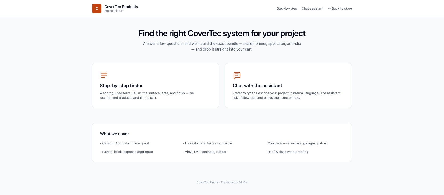 CoverTec finder entry: step-by-step finder or chat assistant, covering six surface types