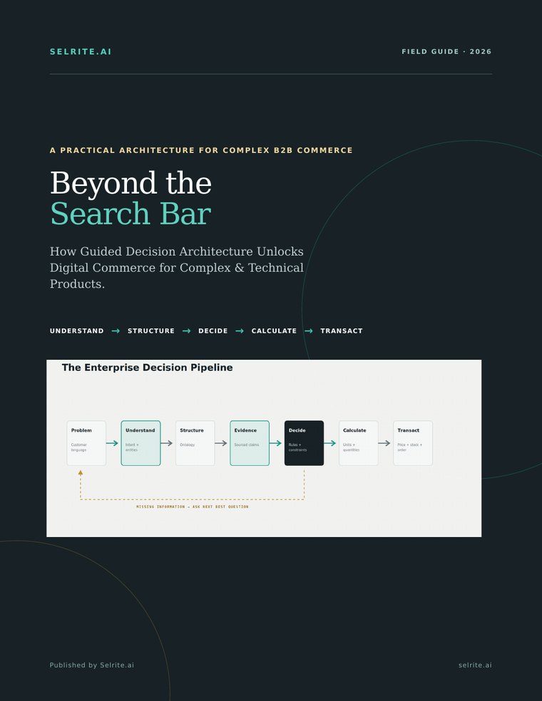 Cover of the Selrite field guide Beyond the Search Bar, showing the enterprise decision pipeline diagram