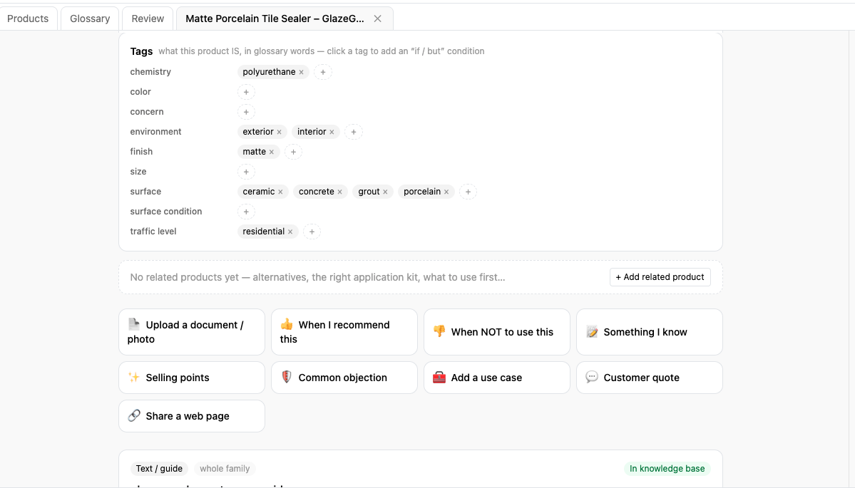 Selrite Product Knowledge — a product detail page tagging the item against glossary terms, with prompts to capture when to recommend it, when not to, common objections, use cases and customer quotes